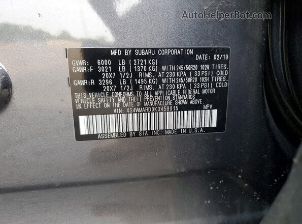 4S4WMARD0K3458015 2019 SUBARU ASCENT Gray VIN კოდის სტიკერის ხედი