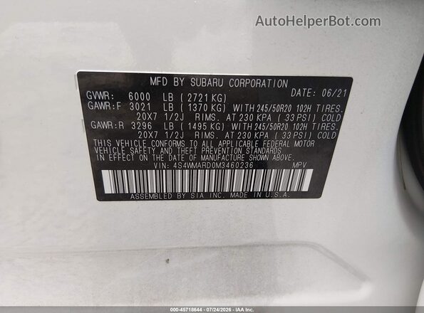 4S4WMARD0M3460236 2021 SUBARU ASCENT White Вид підкапотного простору