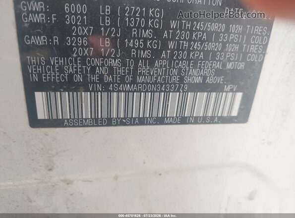 4S4WMARD0N3433779 2022 SUBARU ASCENT White Widok komory silnika