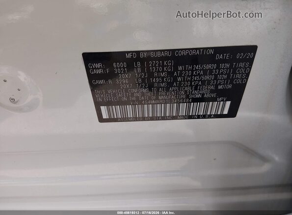 4S4WMARD1L3456484 2020 SUBARU ASCENT Белый Вид подкапотного пространства