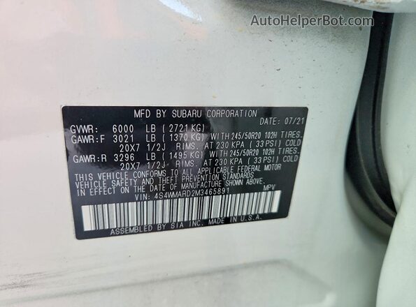 4S4WMARD2M3465891 2021 SUBARU ASCENT White VIN კოდის სტიკერის ხედი