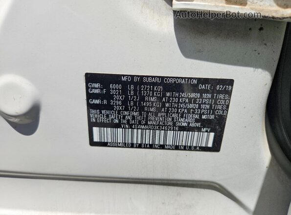 4S4WMARD3K3462916 2019 SUBARU ASCENT Белый Панорамный вид салона 360°