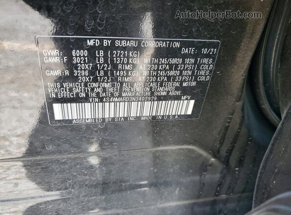 4S4WMARD3N3402929 2022 SUBARU ASCENT Black VIN კოდის სტიკერის ხედი