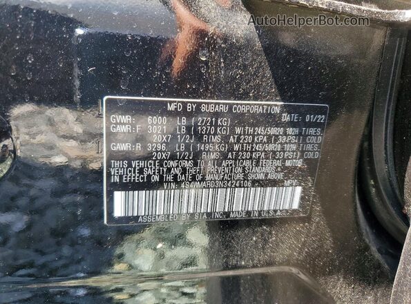4S4WMARD3N3424106 2022 SUBARU ASCENT Black Widok naklejki z numerem VIN