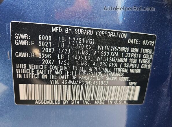 4S4WMARD3N3451967 2022 SUBARU ASCENT Blue სალონის 360-გრადუსიანი ხედი