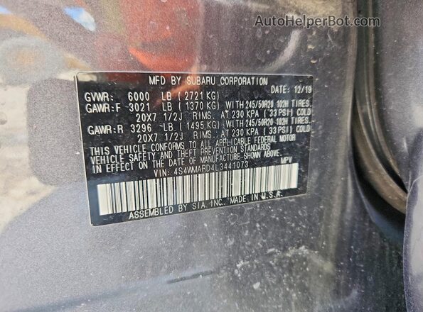 4S4WMARD4L3441073 2020 SUBARU ASCENT Gray Widok naklejki z numerem VIN