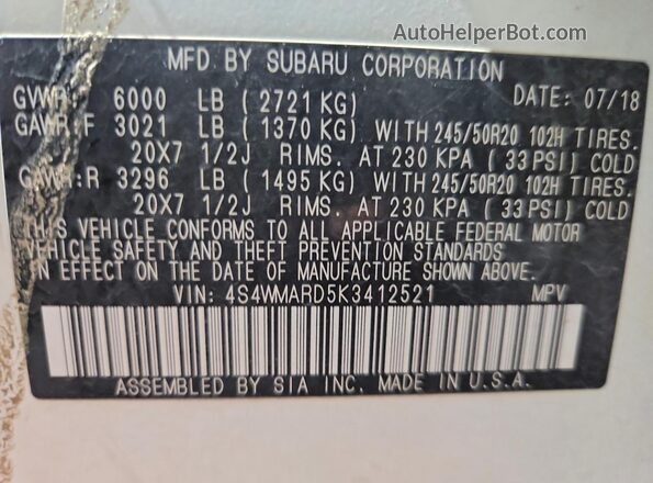 4S4WMARD5K3412521 2019 SUBARU ASCENT White VIN կոդի պիտակի տեսք