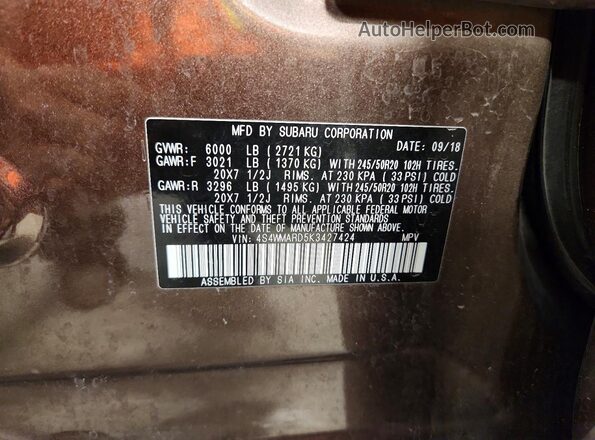 4S4WMARD5K3427424 2019 SUBARU ASCENT Brown Вид підкапотного простору