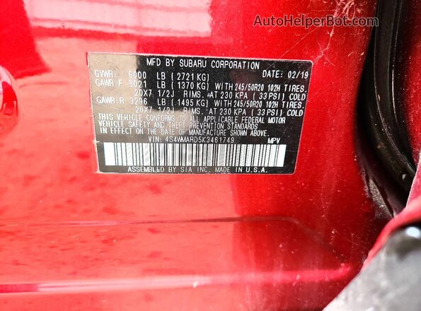 4S4WMARD5K3461749 2019 SUBARU ASCENT Темно-бордовый Панорамный вид салона 360°