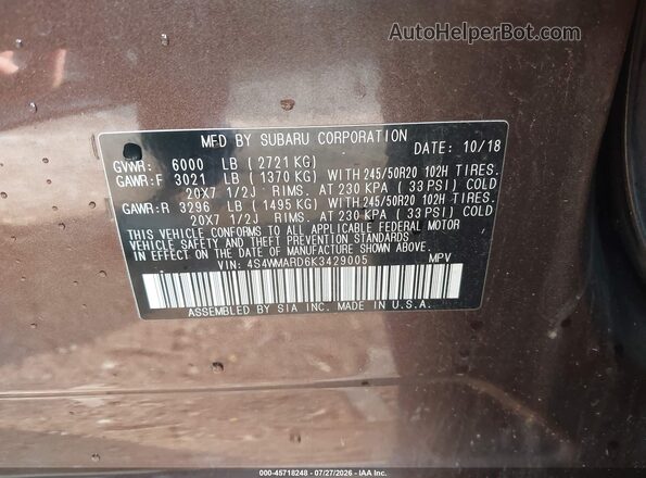 4S4WMARD6K3429005 2019 SUBARU ASCENT Brown Widok komory silnika