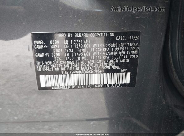 4S4WMARD6M3426561 2021 SUBARU ASCENT Gray ძრავის განყოფილების ხედი