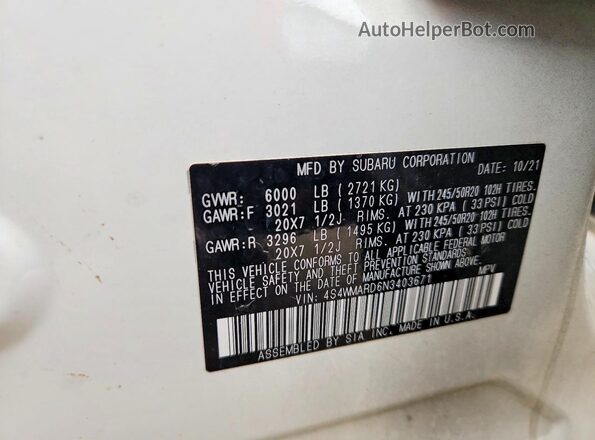 4S4WMARD6N3403671 2022 SUBARU ASCENT Белый Вид наклейки с VIN-кодом