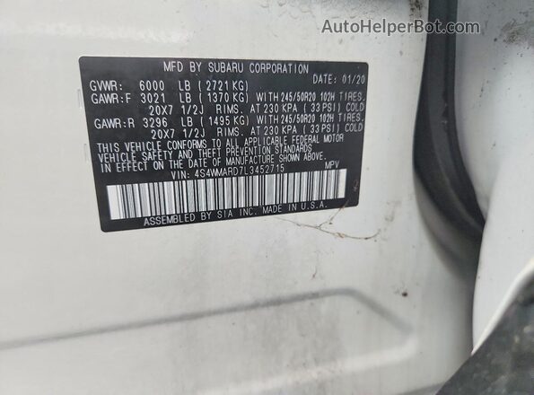 4S4WMARD7L3452715 2020 SUBARU ASCENT White ძრავის განყოფილების ხედი