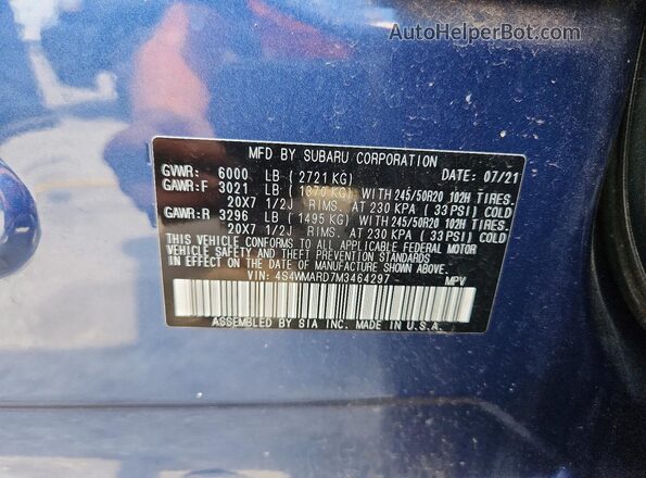 4S4WMARD7M3464297 2021 SUBARU ASCENT Синий Вид наклейки с VIN-кодом