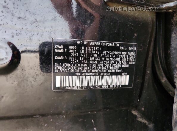 4S4WMARD8L3423093 2020 SUBARU ASCENT Black Вид наклейки з VIN-кодом