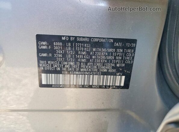 4S4WMARD8M3428103 2021 SUBARU ASCENT Silver VIN sticker view