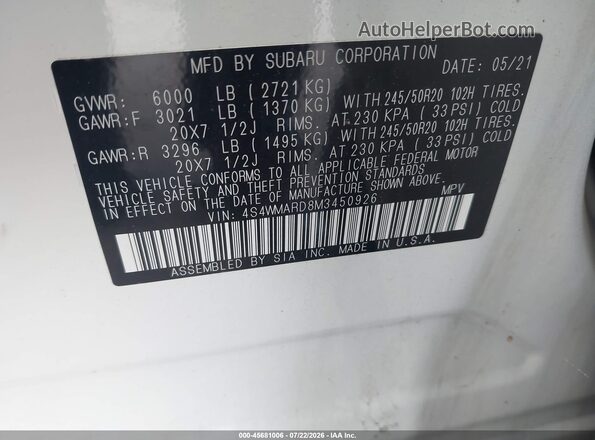 4S4WMARD8M3450926 2021 SUBARU ASCENT White Engine compartment view