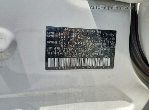 4S4WMARD8M3458766 2021 SUBARU ASCENT White VIN კოდის სტიკერის ხედი