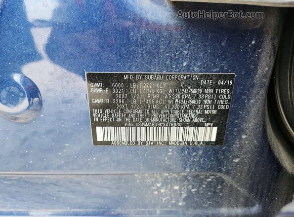 4S4WMARD9K3476030 2019 SUBARU ASCENT Blue Widok naklejki z numerem VIN