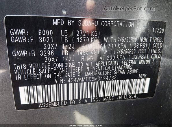 4S4WMARD9M3424738 2021 SUBARU ASCENT Gray ძრავის განყოფილების ხედი