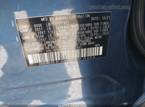 4S4WMARD9N3417662 2022 SUBARU ASCENT Blue Engine compartment view