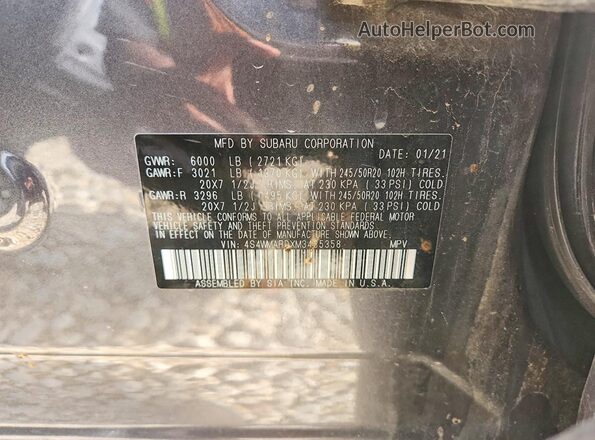 4S4WMARDXM3435358 2021 SUBARU ASCENT Gray Widok naklejki z numerem VIN
