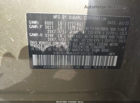 4S4WMASD6P3431421 2023 SUBARU ASCENT Green Engine compartment view