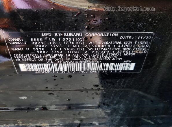 4S4WMASD9P3408764 2023 SUBARU ASCENT Black Вид наклейки з VIN-кодом