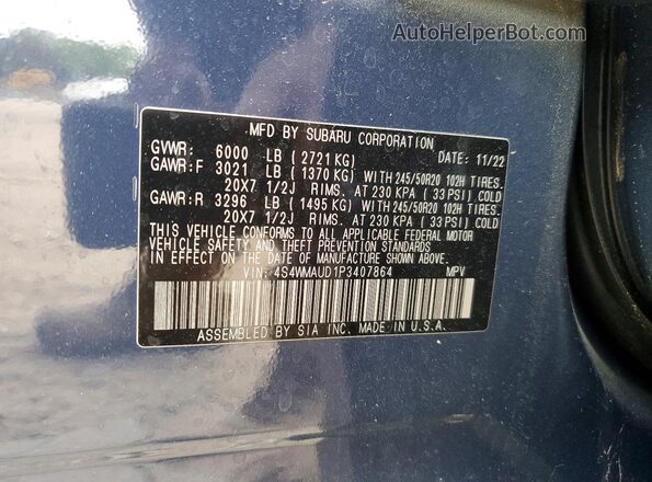 4S4WMAUD1P3407864 2023 SUBARU ASCENT Blue VIN კოდის სტიკერის ხედი