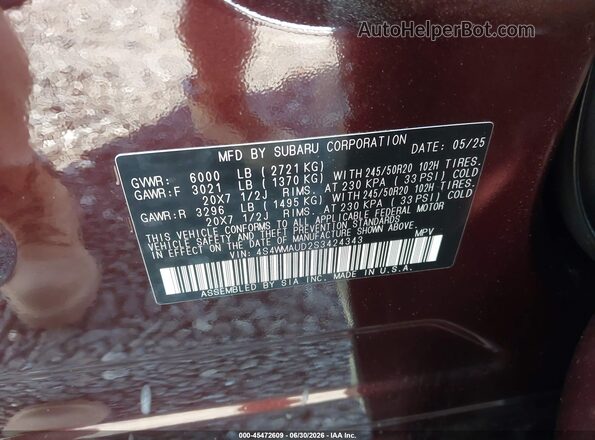 4S4WMAUD2S3424343 2025 SUBARU ASCENT Maroon Вид підкапотного простору