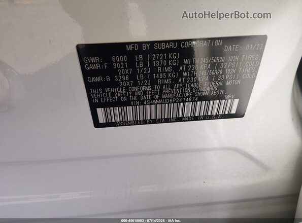 4S4WMAUD6P3414874 2023 SUBARU ASCENT White Vista del compartimento del motor