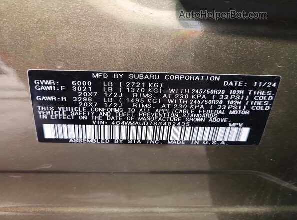 4S4WMAUD7S3402435 2025 SUBARU ASCENT Green ძრავის განყოფილების ხედი