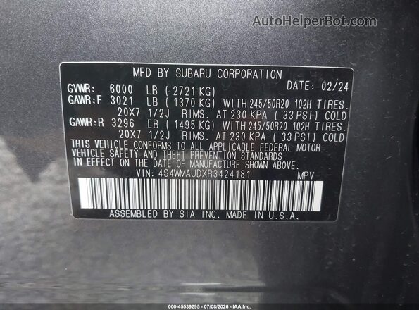 4S4WMAUDXR3424181 2024 SUBARU ASCENT Gray ძრავის განყოფილების ხედი