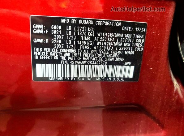 4S4WMAWD2S3407670 2025 SUBARU ASCENT Red Vista de la etiqueta del VIN