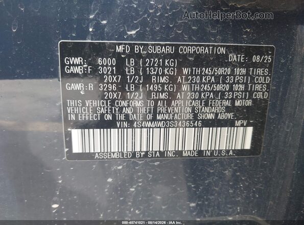 4S4WMAWD3S3436546 2025 SUBARU ASCENT Синий Вид подкапотного пространства
