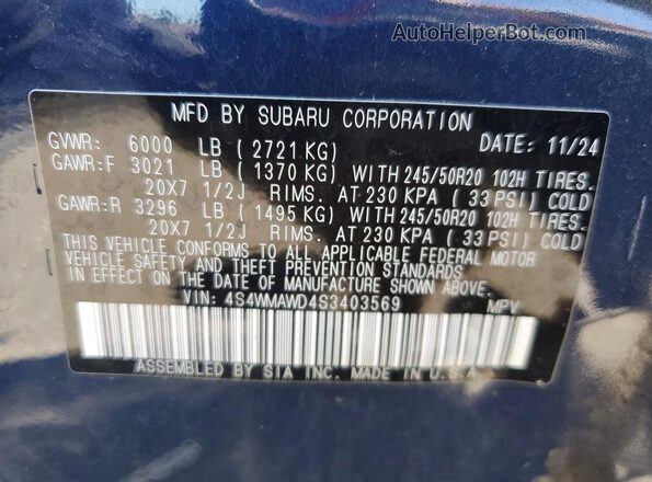4S4WMAWD4S3403569 2025 SUBARU ASCENT Blue VIN კოდის სტიკერის ხედი