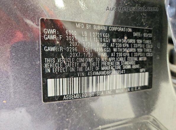 4S4WMAWD8P3419541 2023 SUBARU ASCENT Charcoal VIN კოდის სტიკერის ხედი