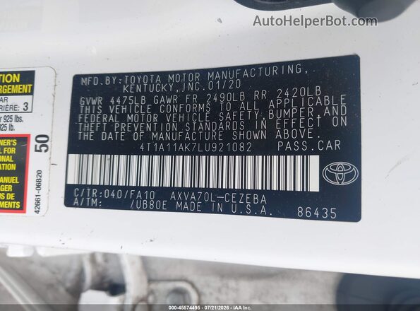 4T1A11AK7LU921082 2020 TOYOTA CAMRY Белый Вид подкапотного пространства