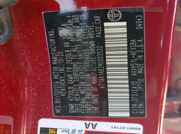4T1AA1AB2MU003533 2021 TOYOTA AVALON Red Շարժիչի բաժամունքի տեսք