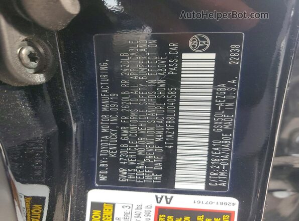 4T1AZ1FB8LU040585 2020 TOYOTA AVALON Черный Вид подкапотного пространства