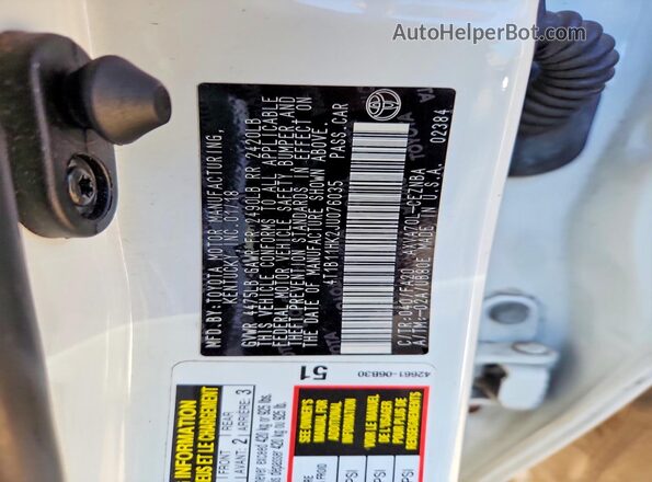 4T1B11HK2JU076035 2018 TOYOTA CAMRY Белый Вид наклейки с VIN-кодом