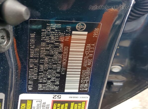 4T1B11HK2KU239283 2019 TOYOTA CAMRY Blue Շարժիչի բաժամունքի տեսք