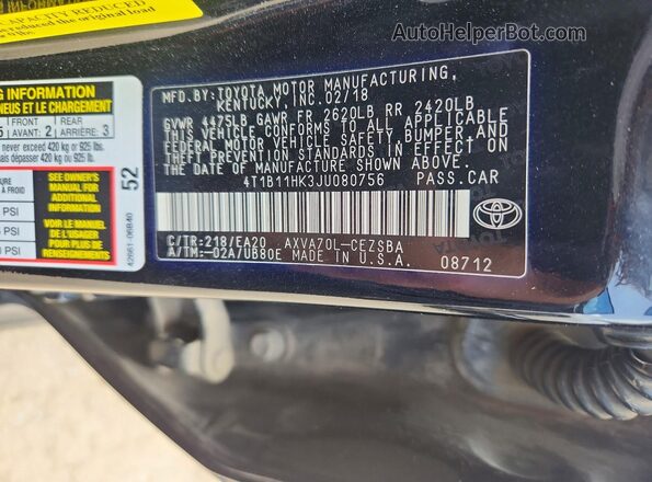 4T1B11HK3JU080756 2018 TOYOTA CAMRY Black Engine compartment view