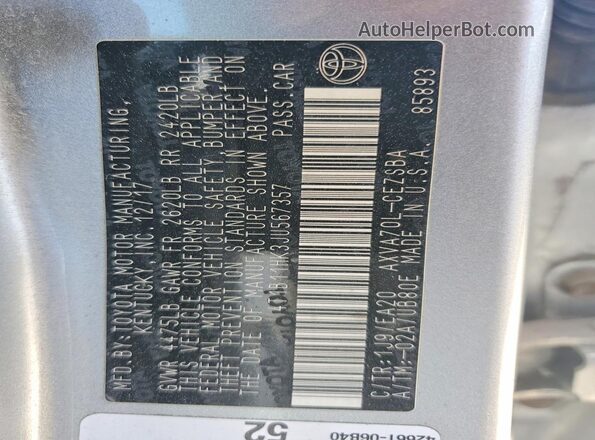 4T1B11HK3JU567357 2018 TOYOTA CAMRY Silver Widok komory silnika