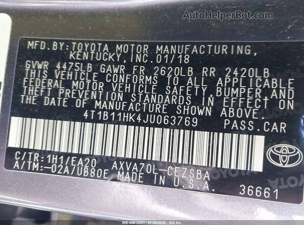 4T1B11HK4JU063769 2018 TOYOTA CAMRY Серый Вид подкапотного пространства