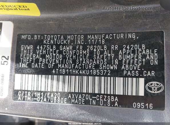 4T1B11HK4KU185372 2019 TOYOTA CAMRY Gray Vista del compartimento del motor