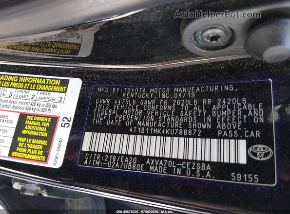4T1B11HK4KU788872 2019 TOYOTA CAMRY Black ძრავის განყოფილების ხედი