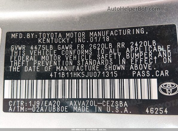 4T1B11HK5JU071315 2018 TOYOTA CAMRY Gray Engine compartment view