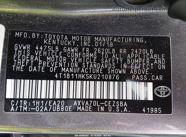 4T1B11HK5KU210876 2019 TOYOTA CAMRY Gray Engine compartment view