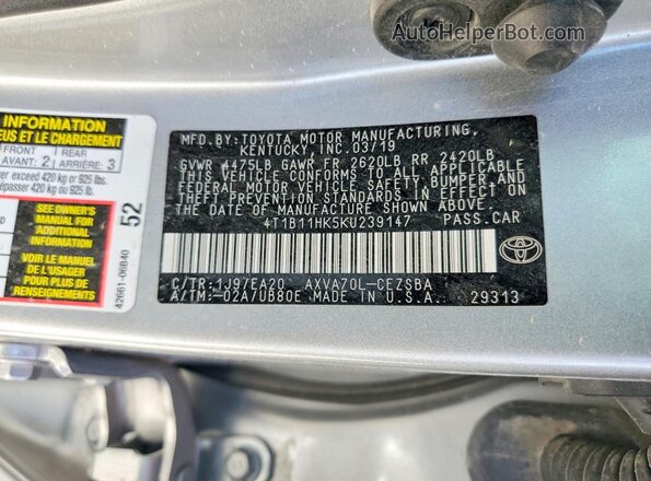 4T1B11HK5KU239147 2019 TOYOTA CAMRY Серебряный Вид подкапотного пространства